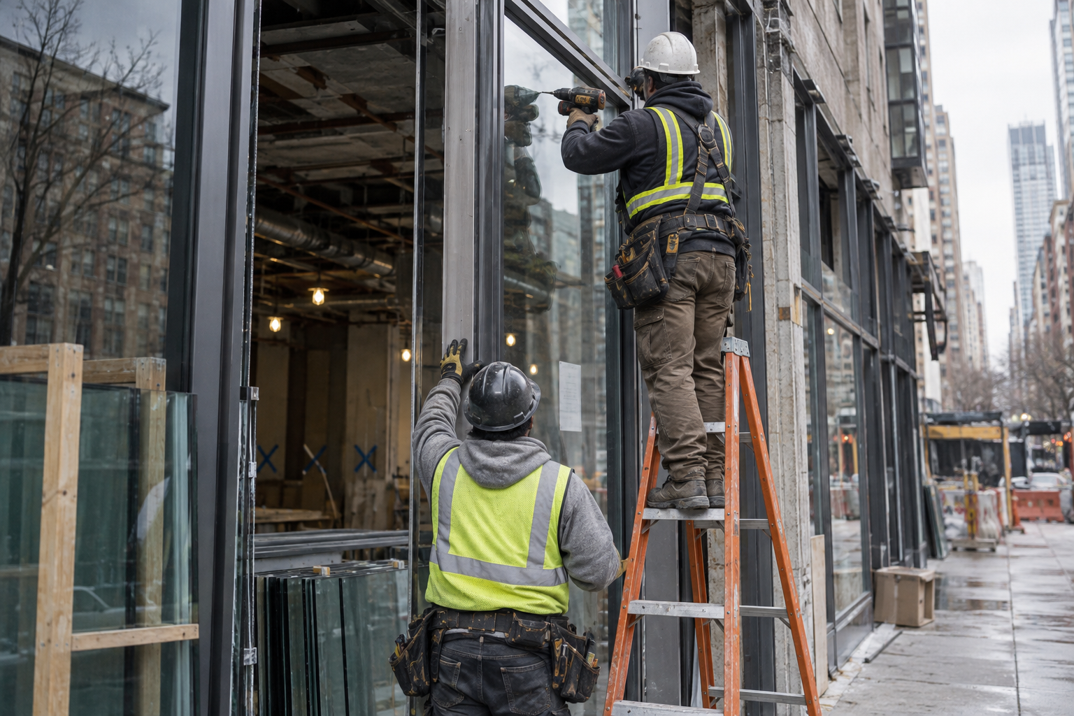 Fabrication crew installing a glass and metal storefront on a Manhattan job site