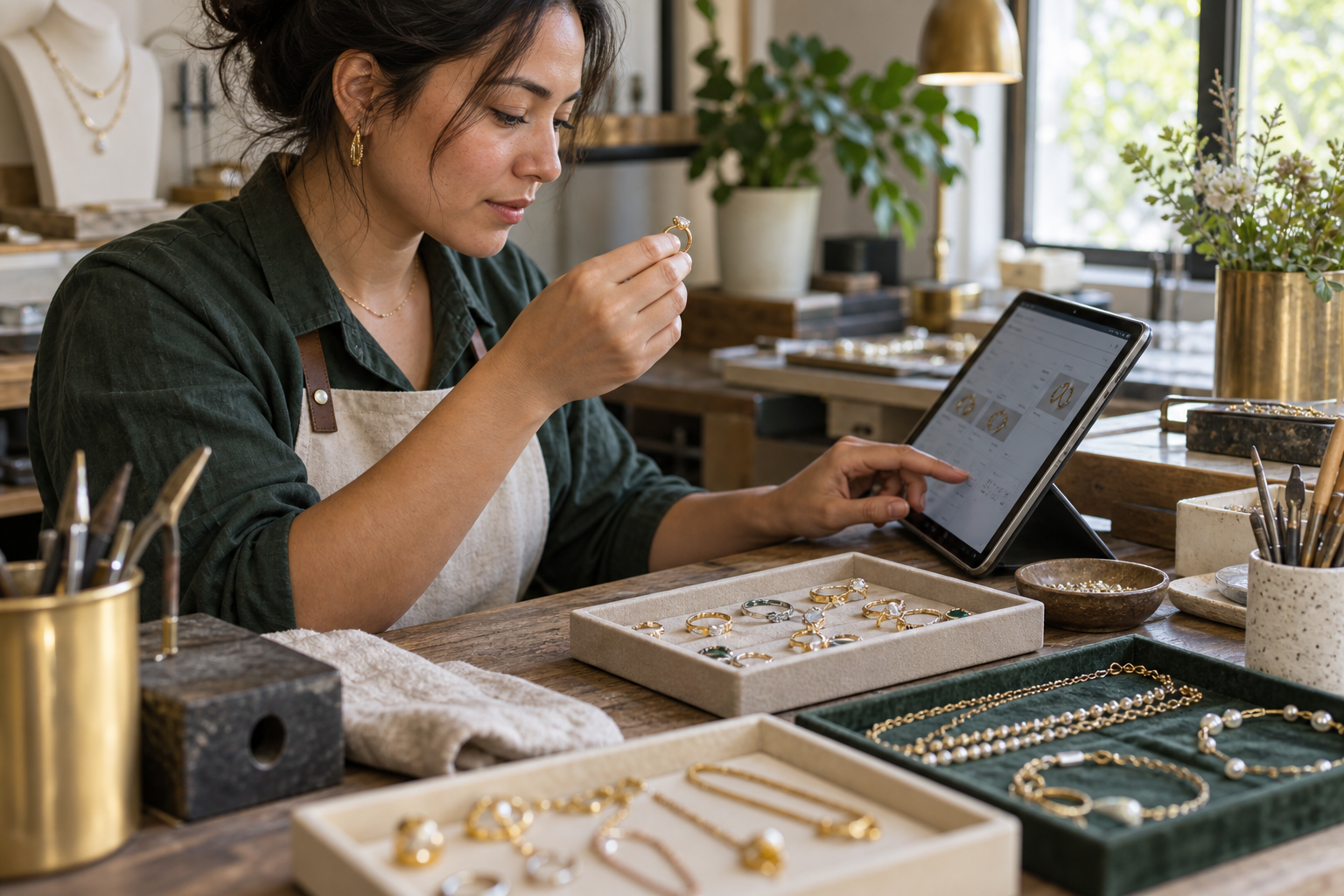Jewelry maker working at a detailed bench with tools and materials