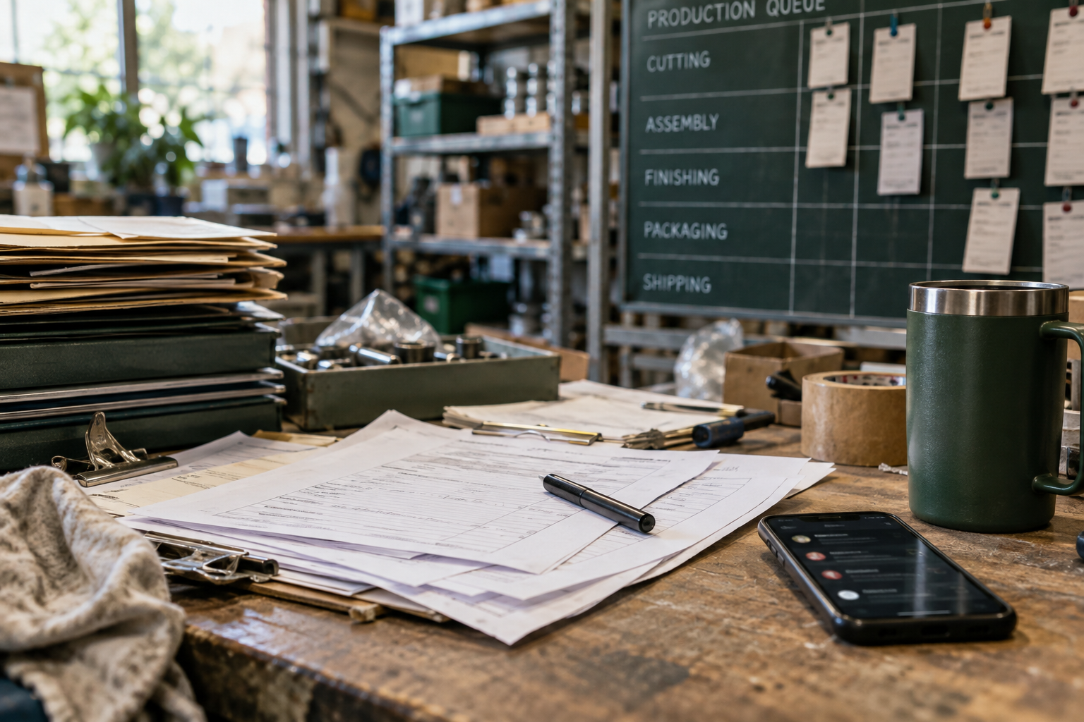 Scattered paperwork and a production queue on a workbench