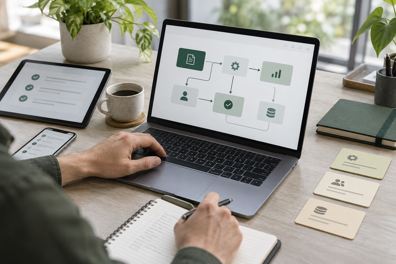 Team reviewing a practical connected workflow on a laptop