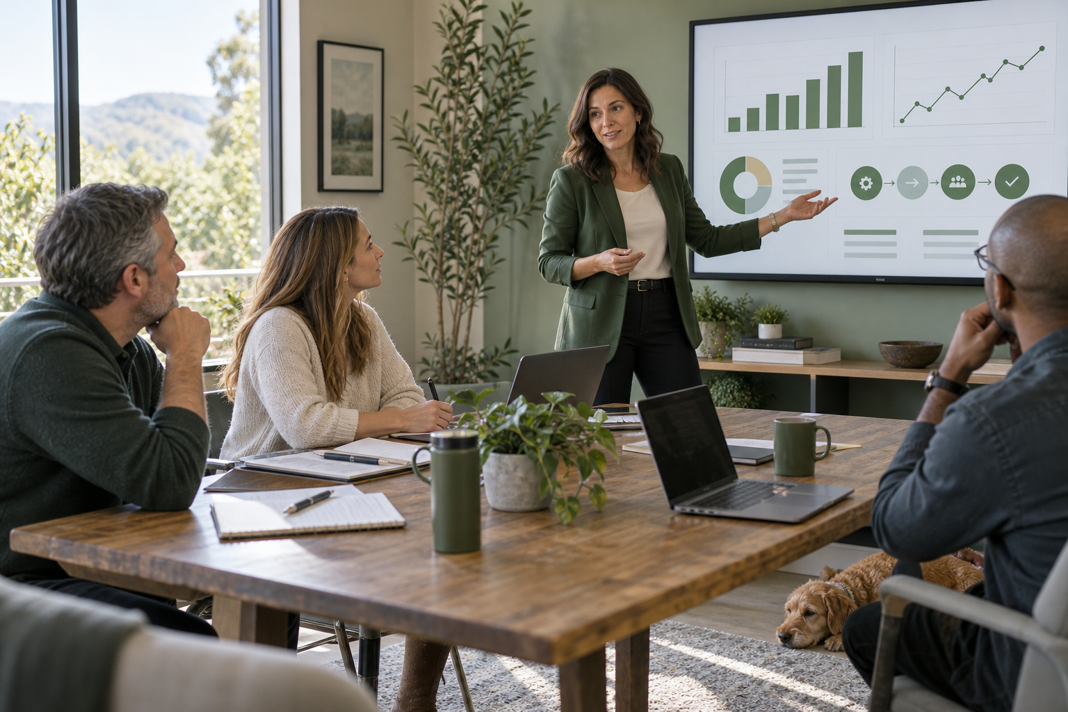 Business leaders reviewing performance metrics with a consultant