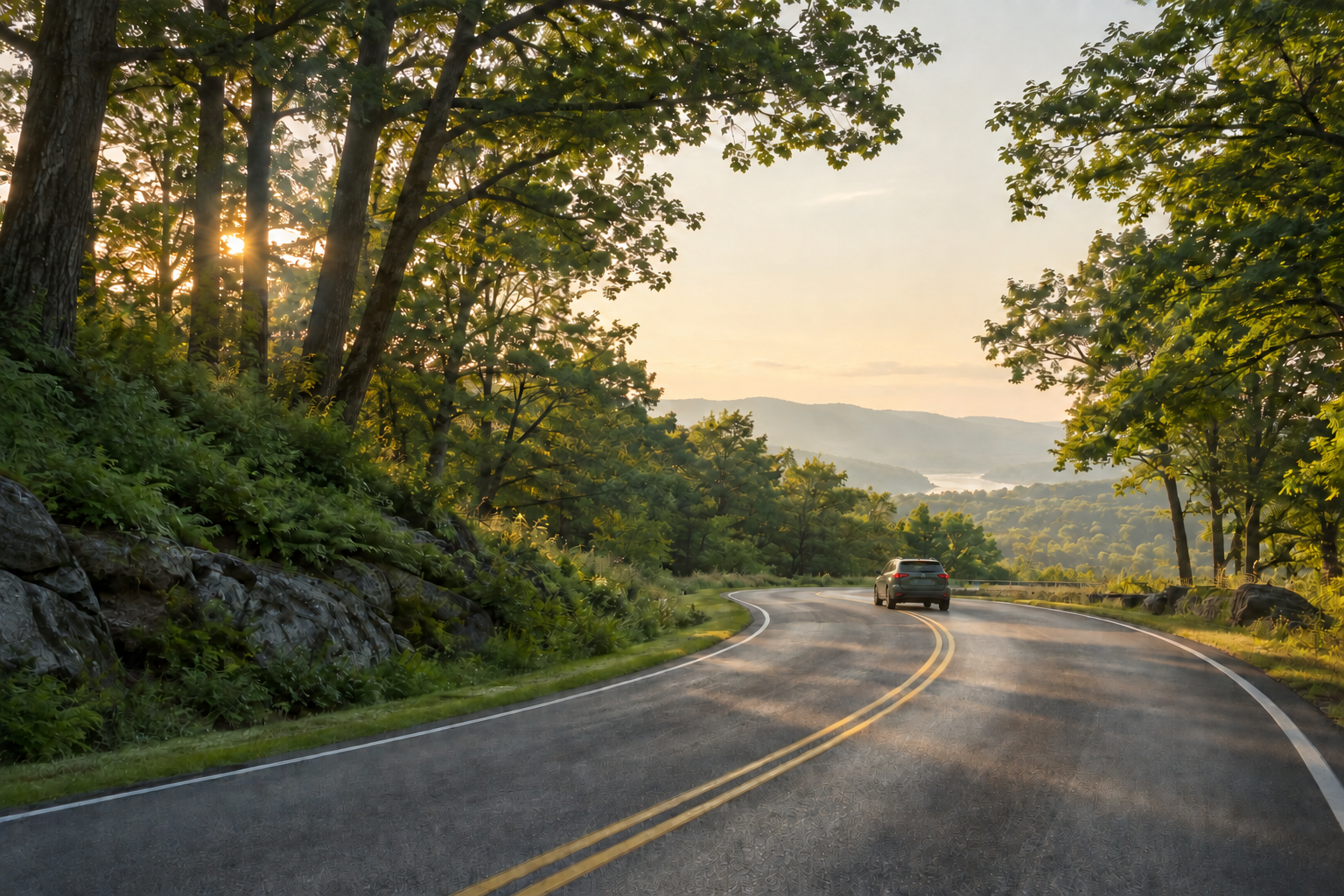 Open road through a green landscape with a car moving toward the next destination