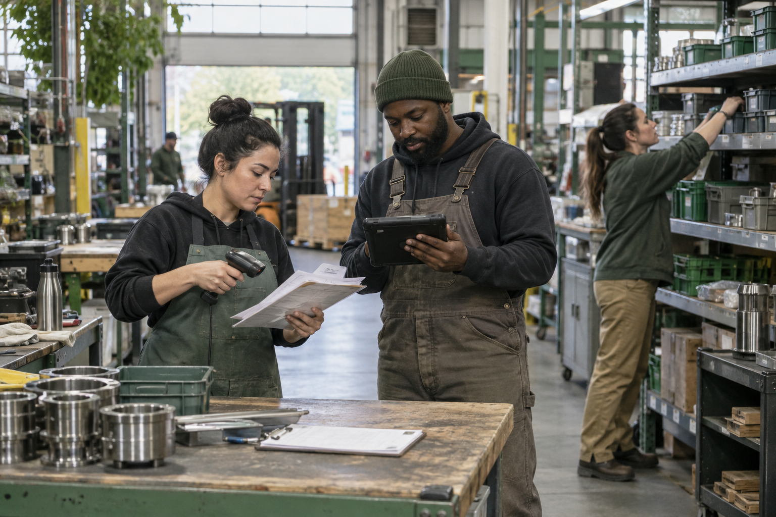Warehouse team member checking a shared handoff on a tablet