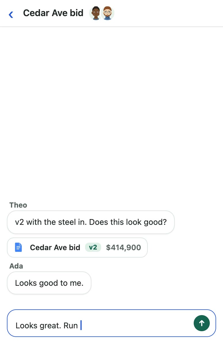 A short video: in the same group you say, “Looks great. Run this every weekday morning, so a bid is ready when an invite comes in.” Ada answers with the routine in plain words; you change its time to 8:00 and its folder to Bids › 2026, then turn it on.