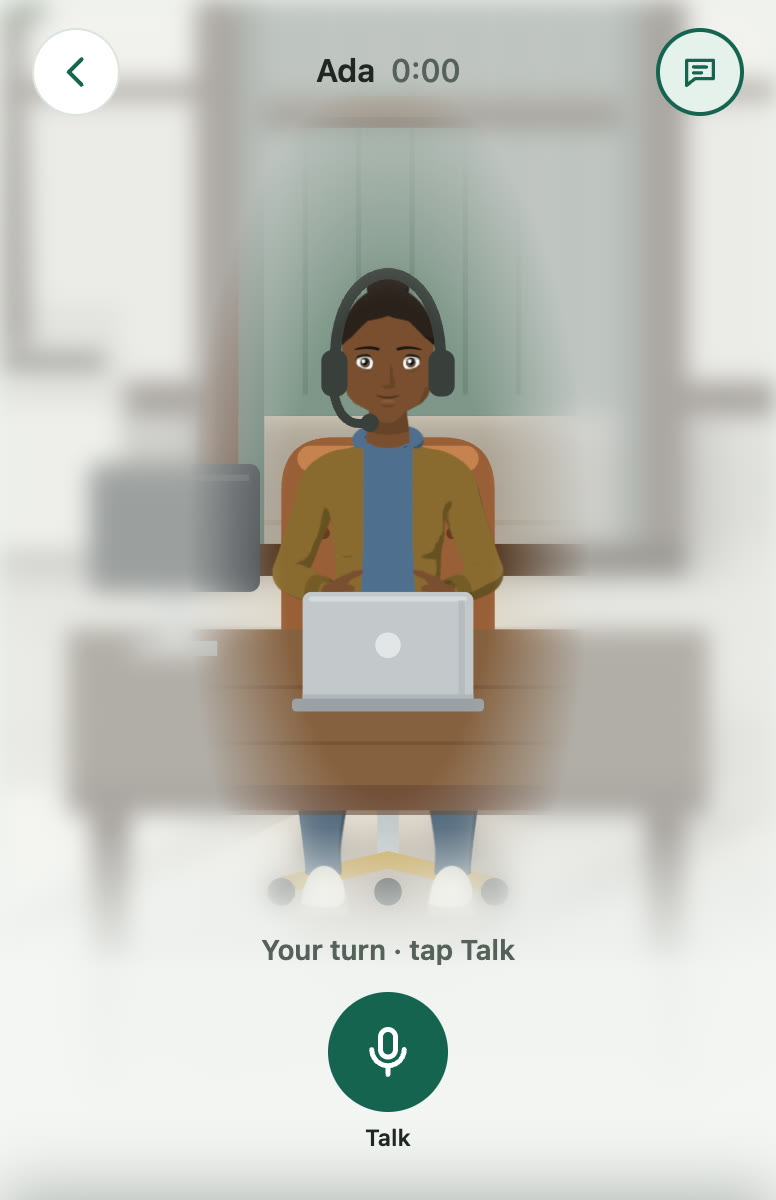 A short video: you tap Talk on Ada’s screen and ask for this morning’s bid; your words show as you say them. She sends it in your chat, you open it, and say “Okay, cool.”